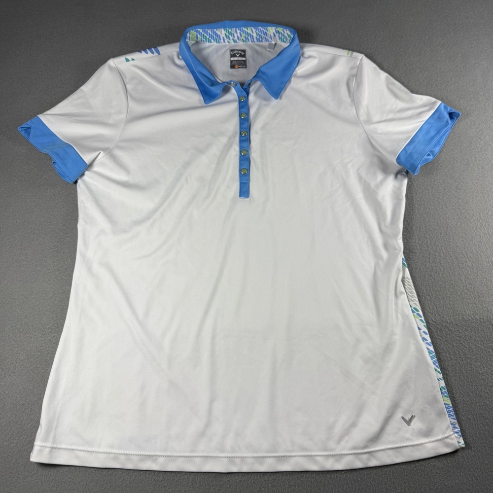 Callaway Womens XL Opti-Dri Golf Polo Shirt White Blue Geometric Print Short Slv